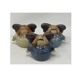Set 3 Chubby Stoneware Angels GLAZED Ceramic Figurines Blue Girl Big Wings 3.5"